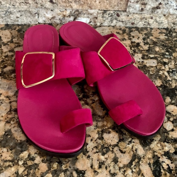 Raspberry Pink STURONE Suede Gold Buckle Sandals - Picture 2 of 6